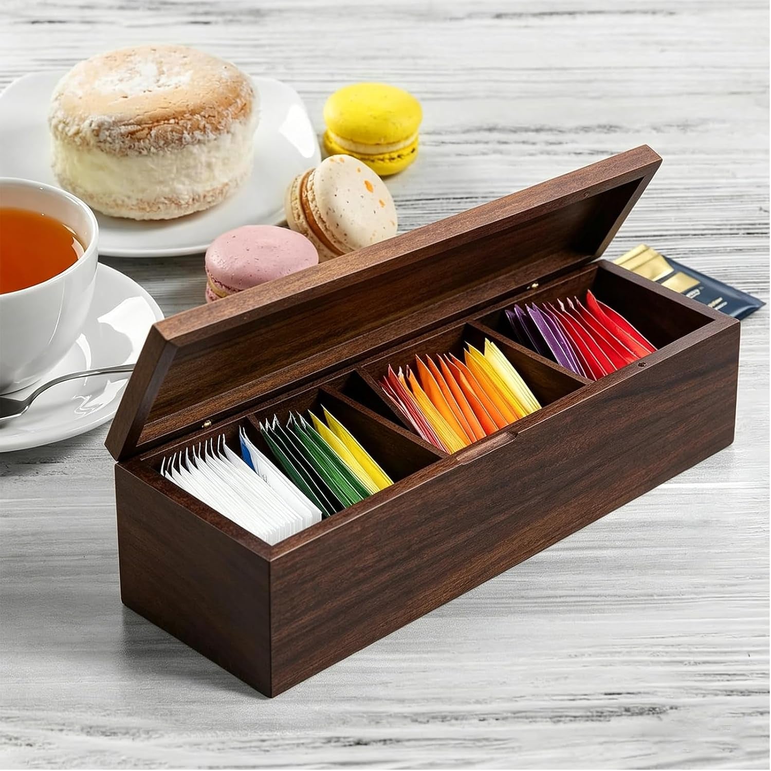 Wooden Tea Bag Organizers with 4 Compartments Tea Packet Storage Boxes & Display Caddy Tea Bag Holder for Countertop Storage