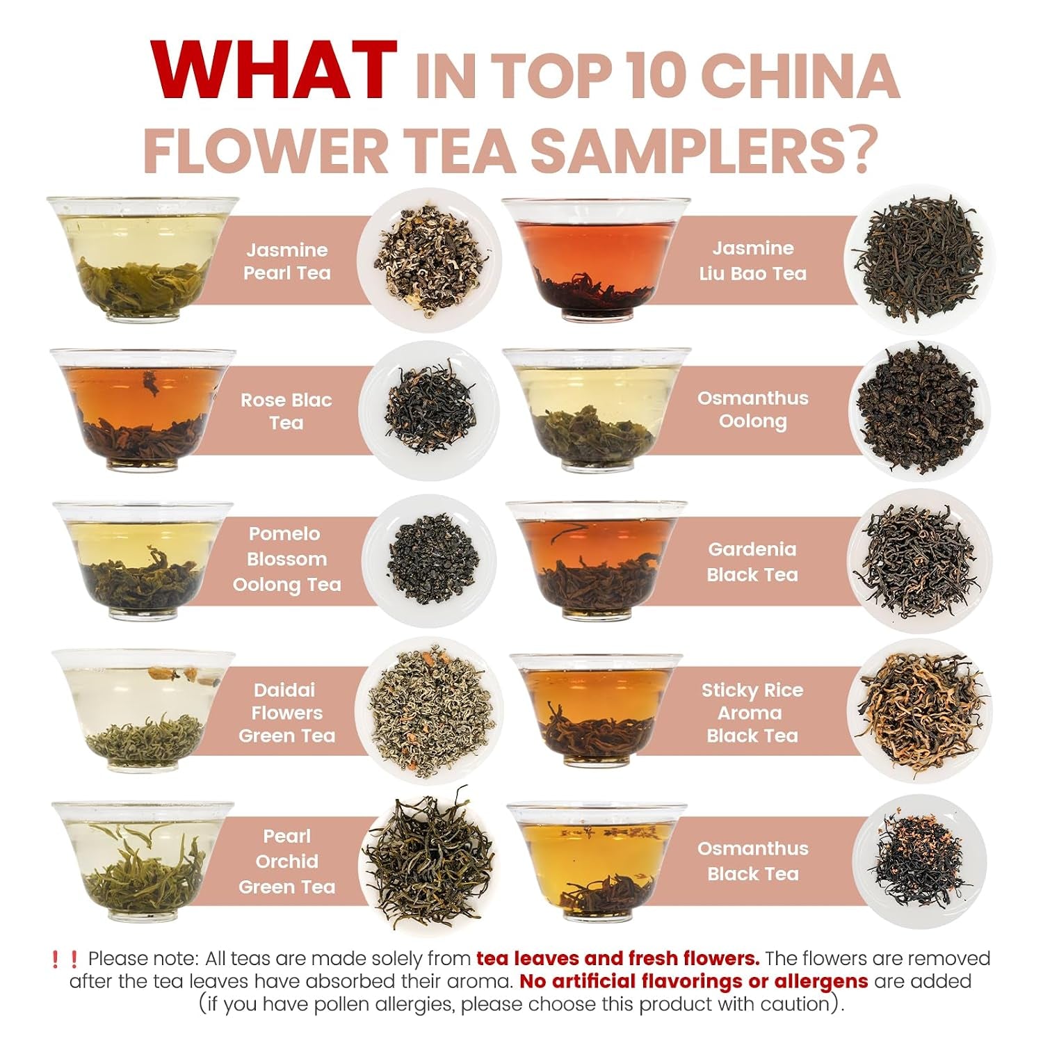 Chinese 10 Naturally Floral Loose Leaf Tea Sampler Gift Set,3.5Oz | up to 250 Cups|Rose Black Tea,Jasmine Green Tea Ect.|No Artificial Flavoring|Each Flavor 2 Packs|Great Tea Bags Variety Pack