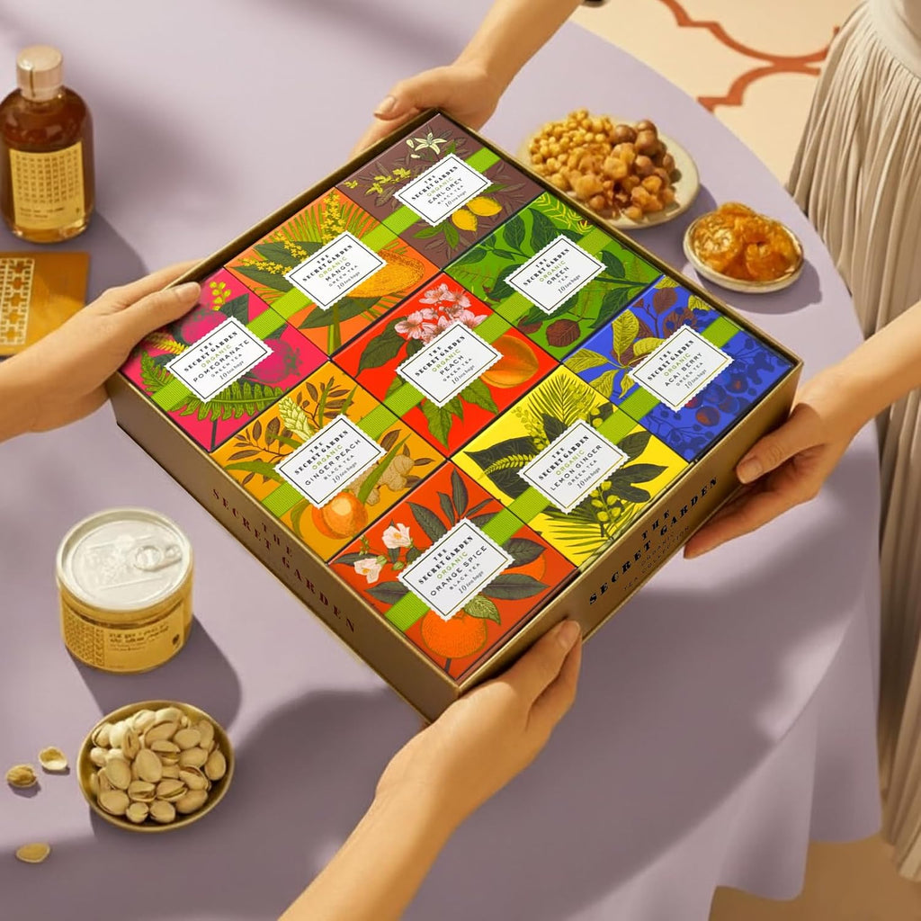the Secret Garden 90 Tea Bags Tea Gift Set 9 Flavors Tea Set Organic Peach Pomegranate Mango Lemon Ginger Acai Berry Green Teas Orange Spice Ginger Peach Earl Grey Black Assorted Pack for Women