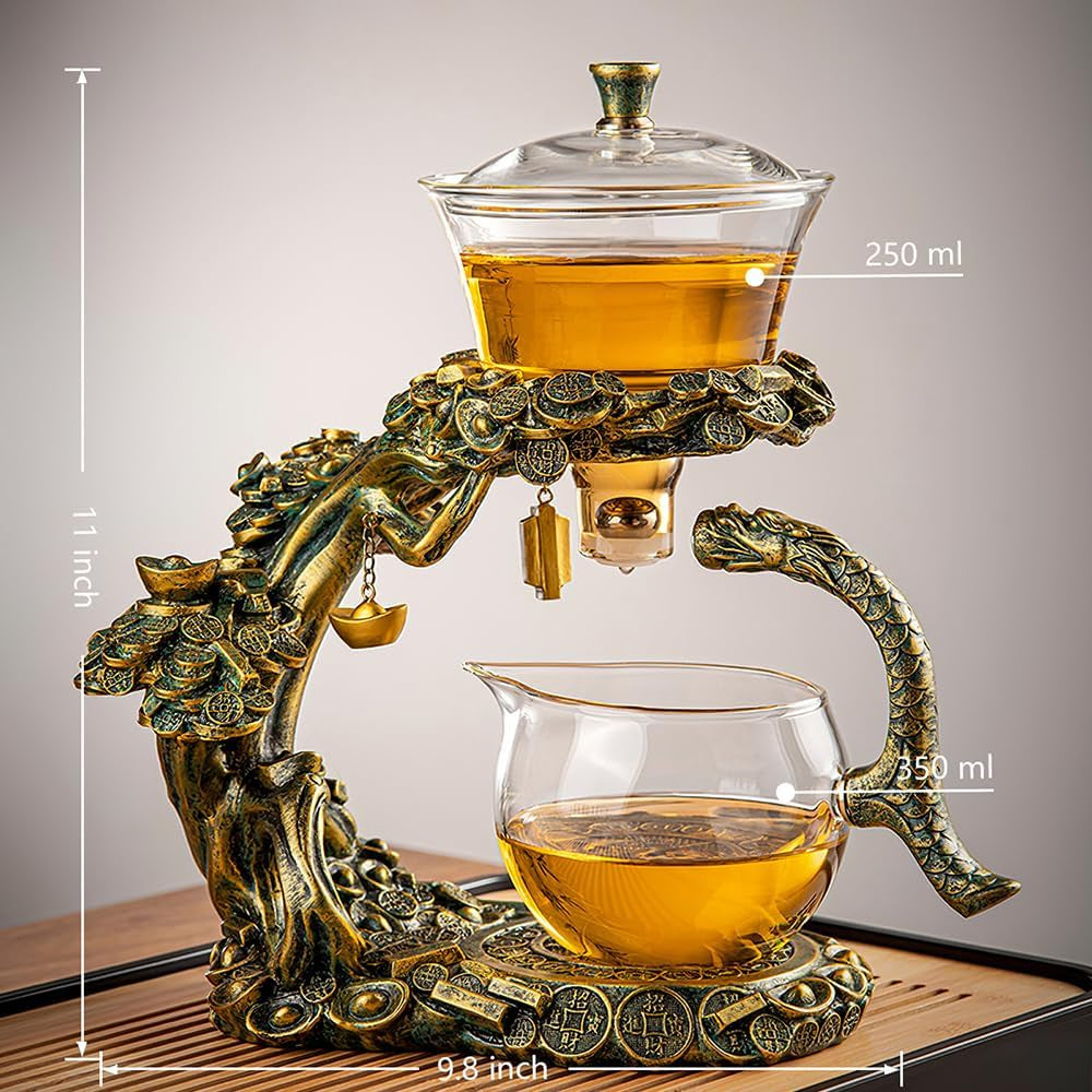 Lazy Kungfu Drip Teapot, Heat Resistant Tea Set, Semi-Automatic Glass Teapot Suit for Magnetic Water Flow Wooden Glass Teapot Set