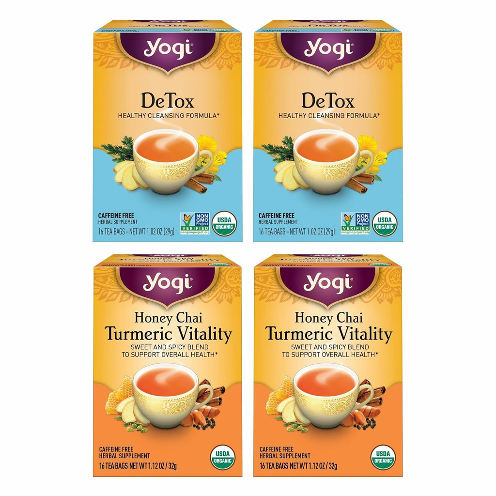 Detox & Wellness Variety Pack, 16 Tea Bags (4 Pack) | Organic Caffeine-Free Cleansing Teas with Honey Chai Turmeric Vitality and Detox, Ayurvedic Spice Blends