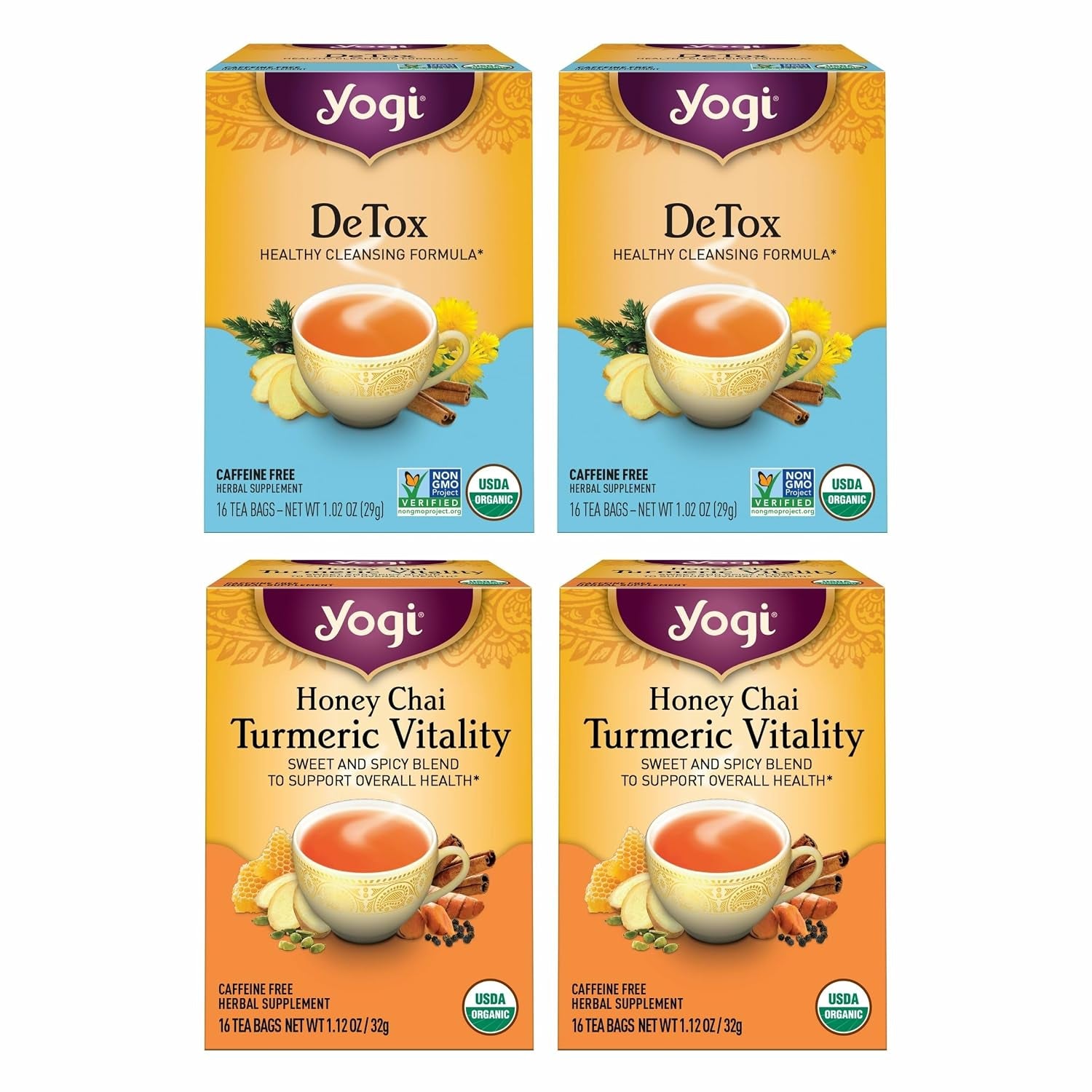 Detox & Wellness Variety Pack, 16 Tea Bags (4 Pack) | Organic Caffeine-Free Cleansing Teas with Honey Chai Turmeric Vitality and Detox, Ayurvedic Spice Blends