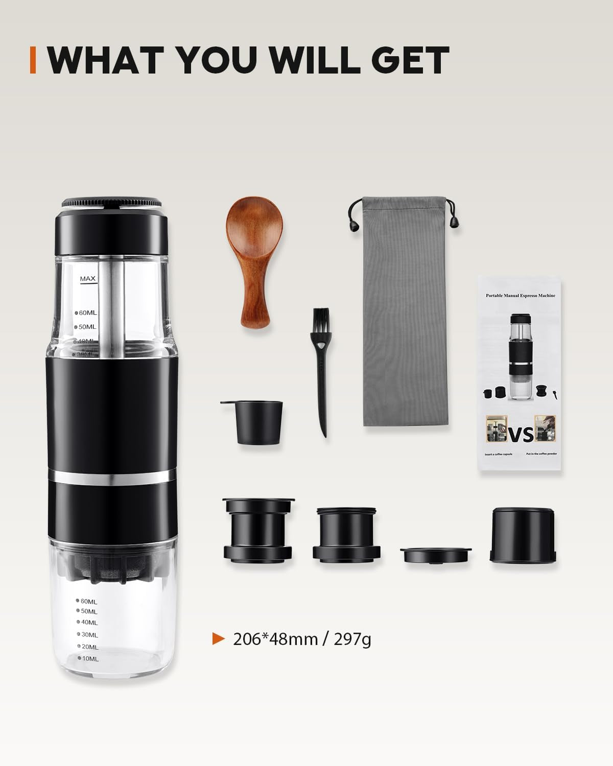 Portable Coffee Maker for Travel & Camping, Travel Lightweight Coffee Machines, Manually Operated, Compatible with Ground Coffee & NS Capsule Black (1Pcs)