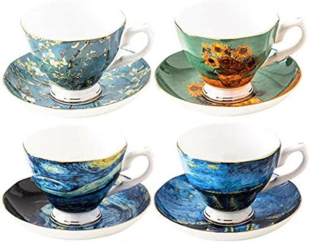 Van Gogh Tea Set, 4 Bone China Mugs, 8Oz, Gold-Lined Handles, Elegant Mug Set, Perfect for Gifting, Great for Tea Lovers, Stylish Design, for Home, Office, Special Occasions, Vincet Van Gogh Gifts