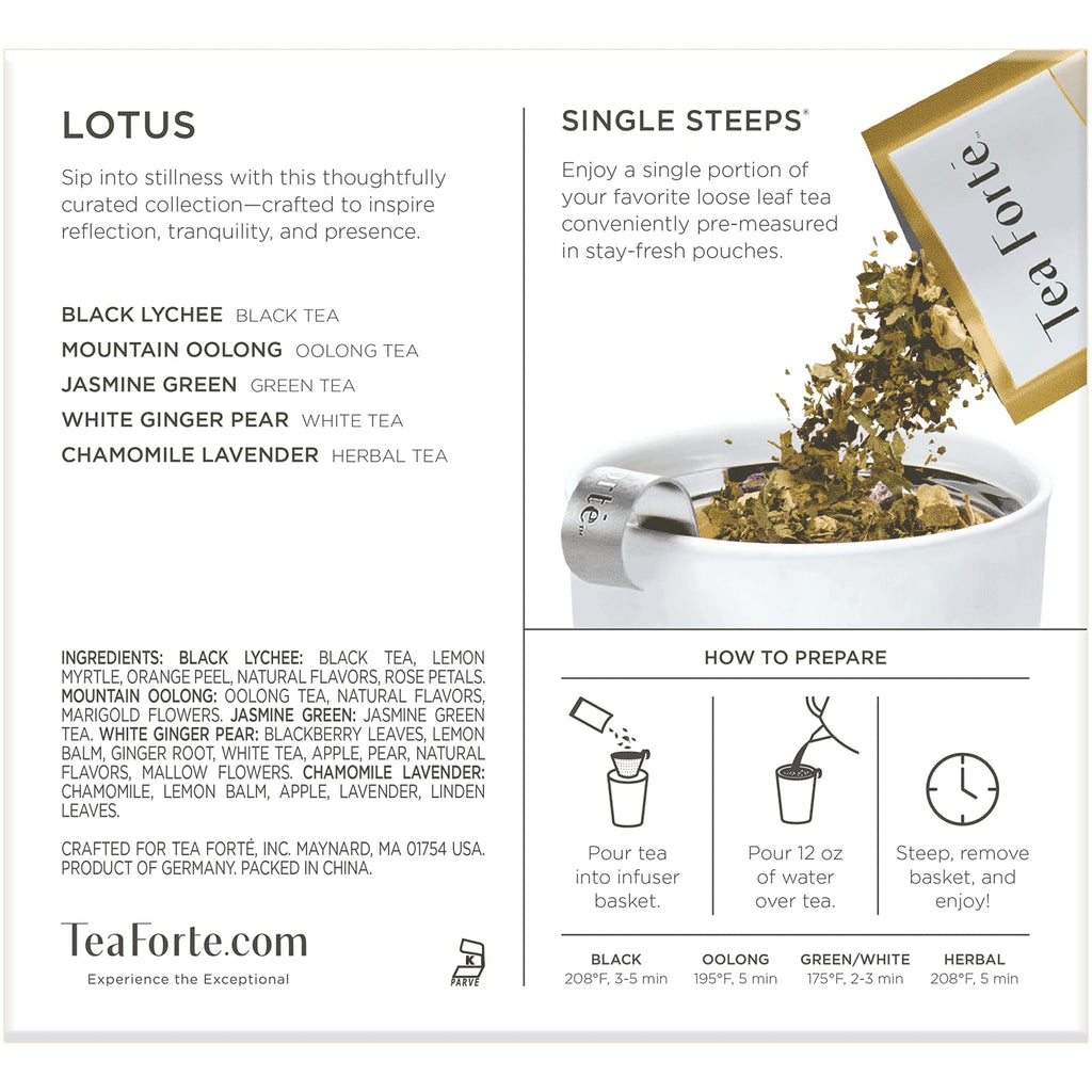 Single Steeps Tea Sampler, Lotus, 15 Pouches | 15 Single Serve Loose Leaf Bags - Premium Handcrafted Tea Blends - Giftable Presentation Box