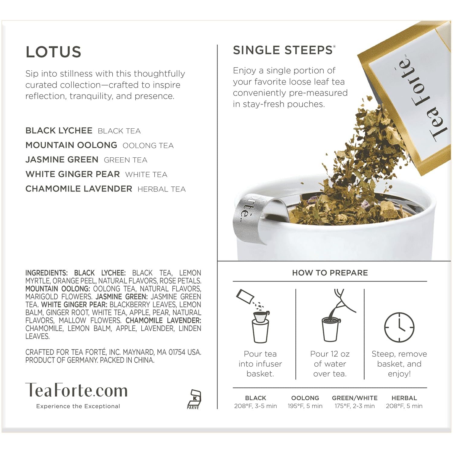 Single Steeps Tea Sampler, Lotus, 15 Pouches | 15 Single Serve Loose Leaf Bags - Premium Handcrafted Tea Blends - Giftable Presentation Box