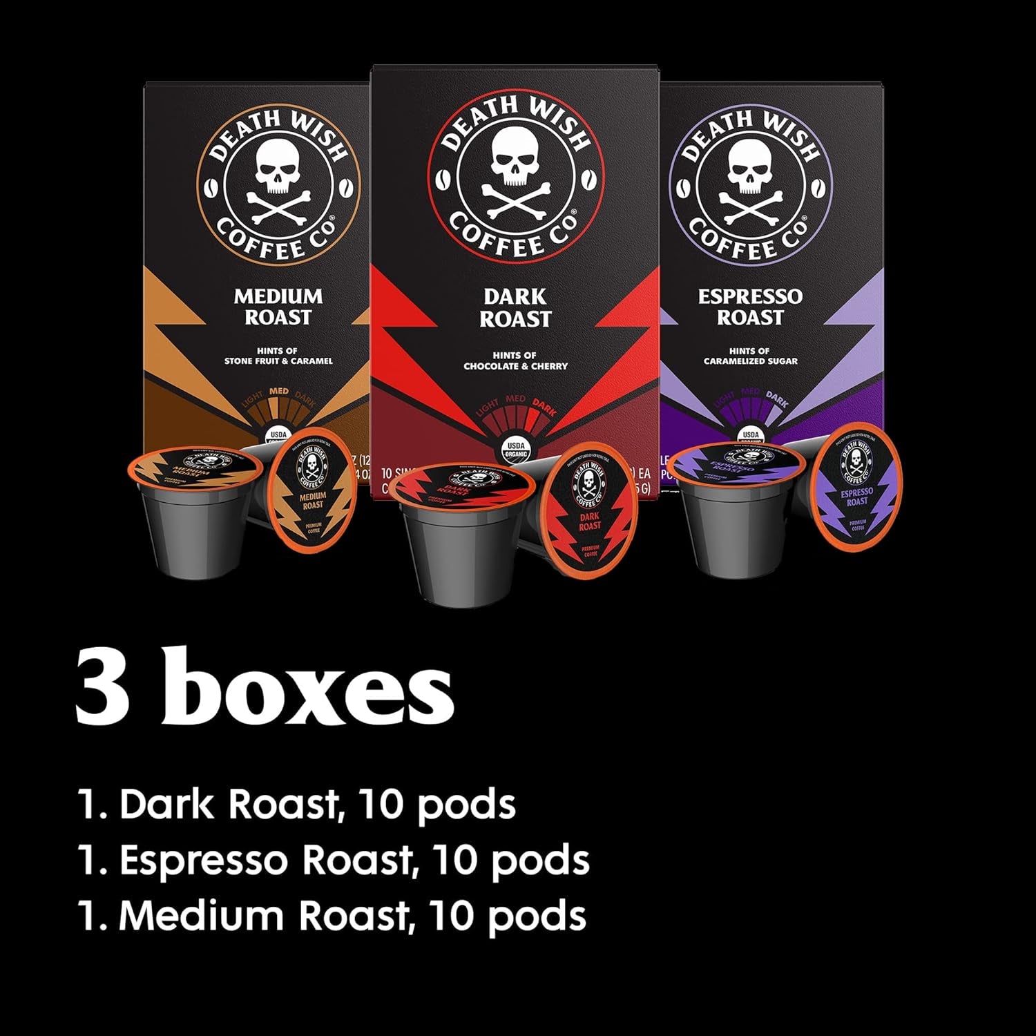Death Wish Coffee Mixed Roast Variety Pack Coffee Pods, Organic, 30 Count | Fair Trade Arabica & Robusta, Medium Dark & Espresso Roasts, Bold & Balanced, Assorted