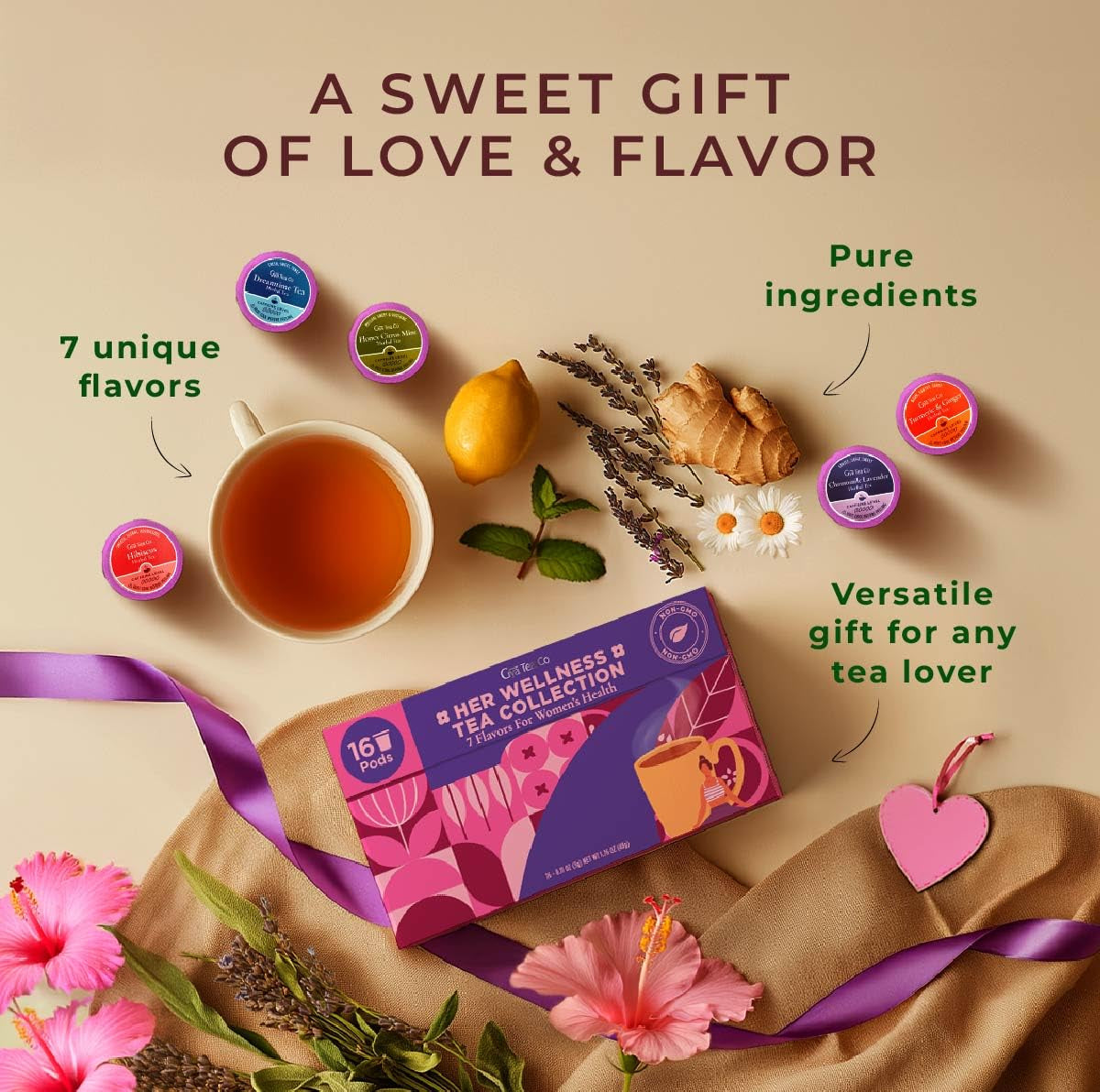 Her Wellness Tea Pod Gift Set (16 Count) - 7 Flavors Assorted Variety Pack | Chamomile Lavender, Citrus Mint, Turmeric Ginger, Hibiscus, Milk Thistle, Dreamtime, Passion Fruit, for Women, Non-Gmo
