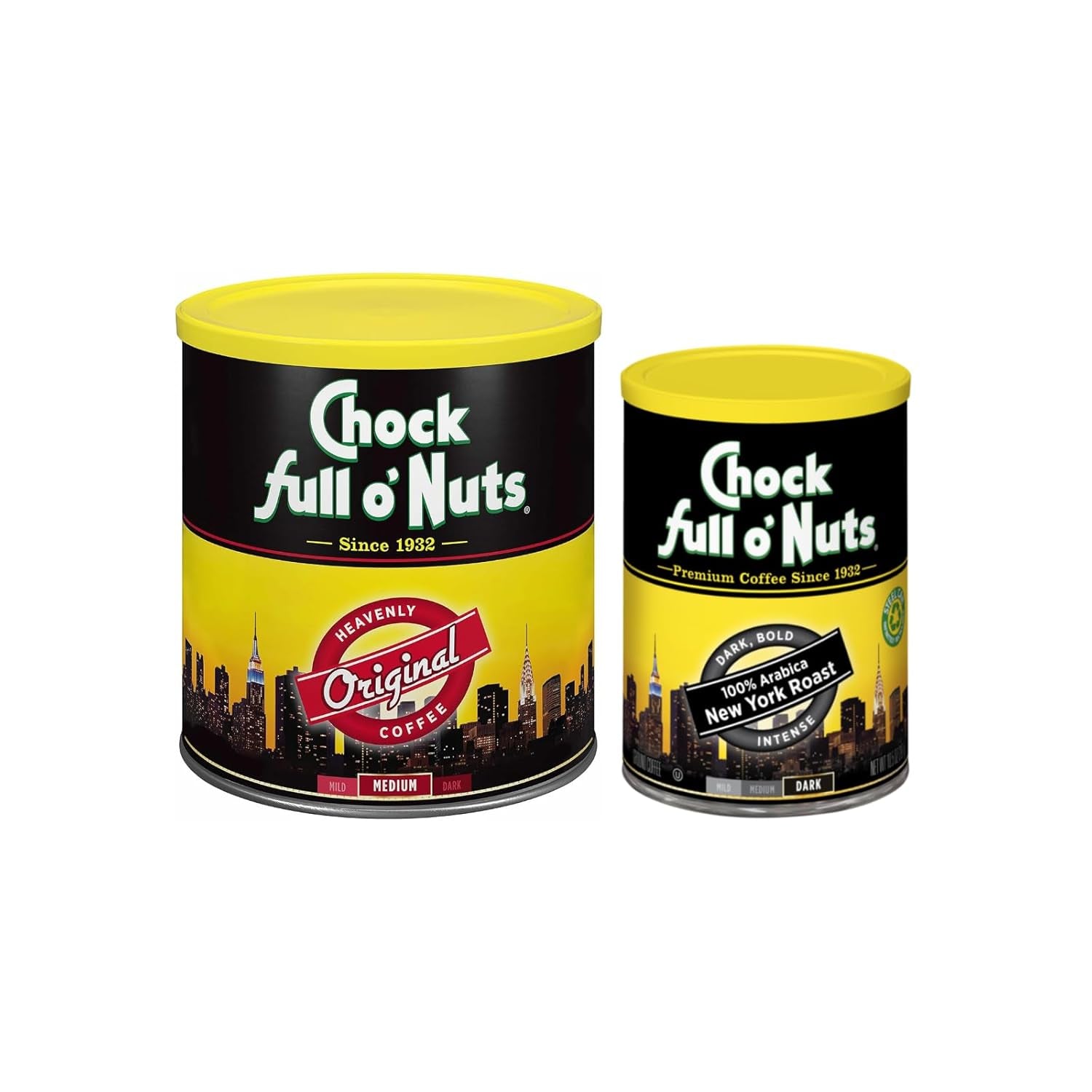 Chock Full O'Nuts Coffee Variety Pack - Heavenly Original Ground Coffee - Medium Roast (30.5 Oz Can) & 100% Arabica New York Roast Ground Coffee - Dark Roast (10.5 Oz Can)