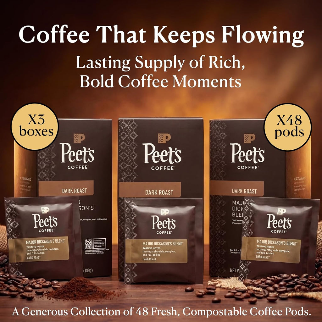 Peet’S Major Dickason’S Coffee Pods – 48 Count (3 Packs of 16) – Dark Roast with Bold, Rich Flavor and Smooth Finish – Compatible with Pelecom Coffee Machines – Peet’S Coffee Pods & Capsules