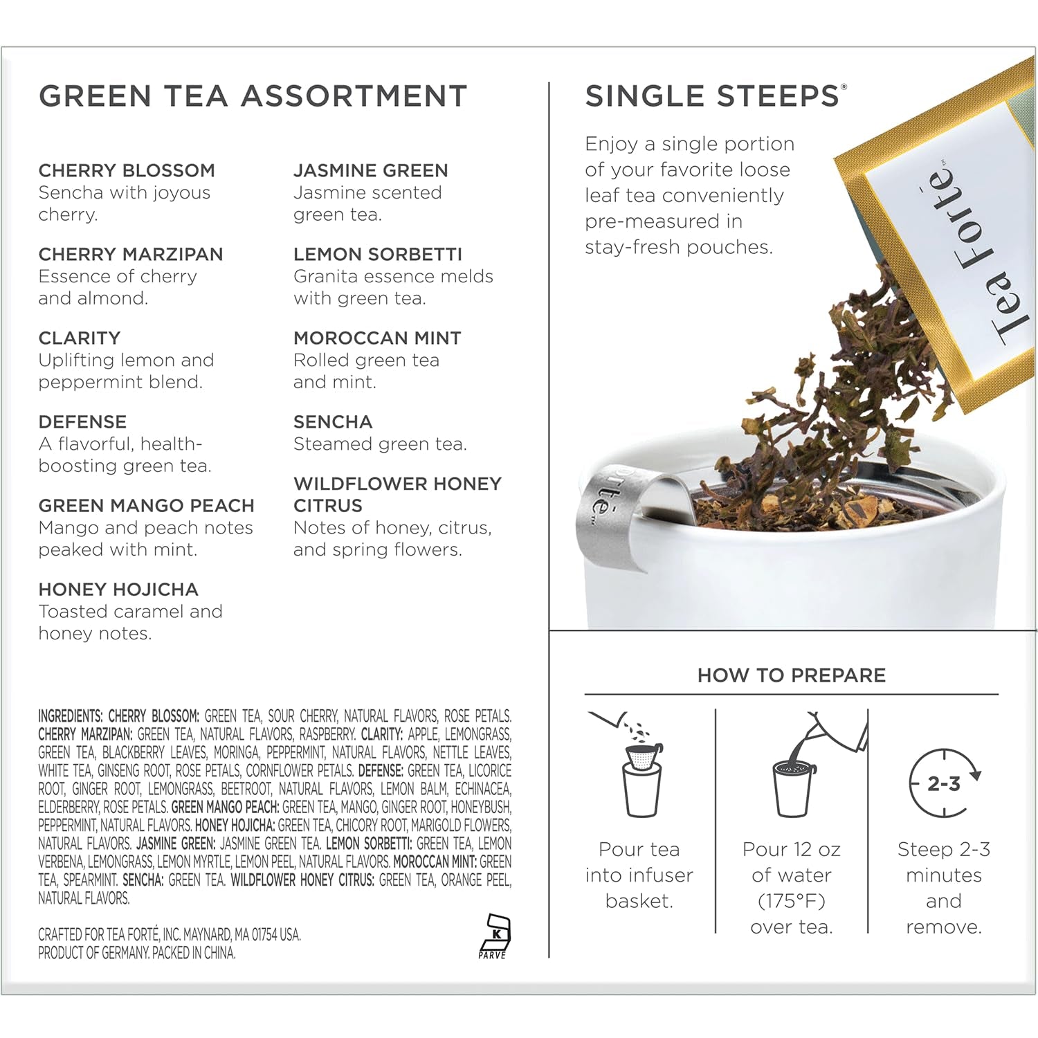 Single Steeps Tea Sampler, Green, 15 Pouches | 15 Single Serve Loose Leaf Bags - Premium Handcrafted Tea Blends - Giftable Presentation Box