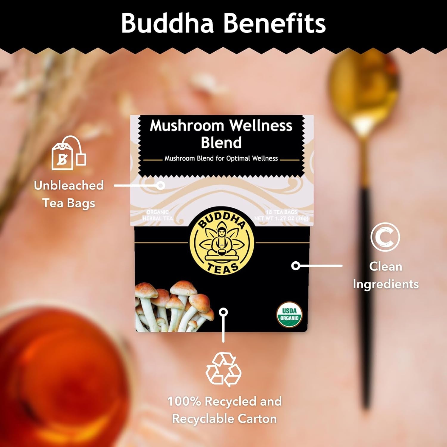- Organic Mushroom Wellness Blend - Herbal Tea - for Health & Wellbeing - with Antioxidants & Minerals - Clean Ingredients - Caffeine Free - OU Kosher & Non-Gmo - 18 Tea Bags (Pack of 1).