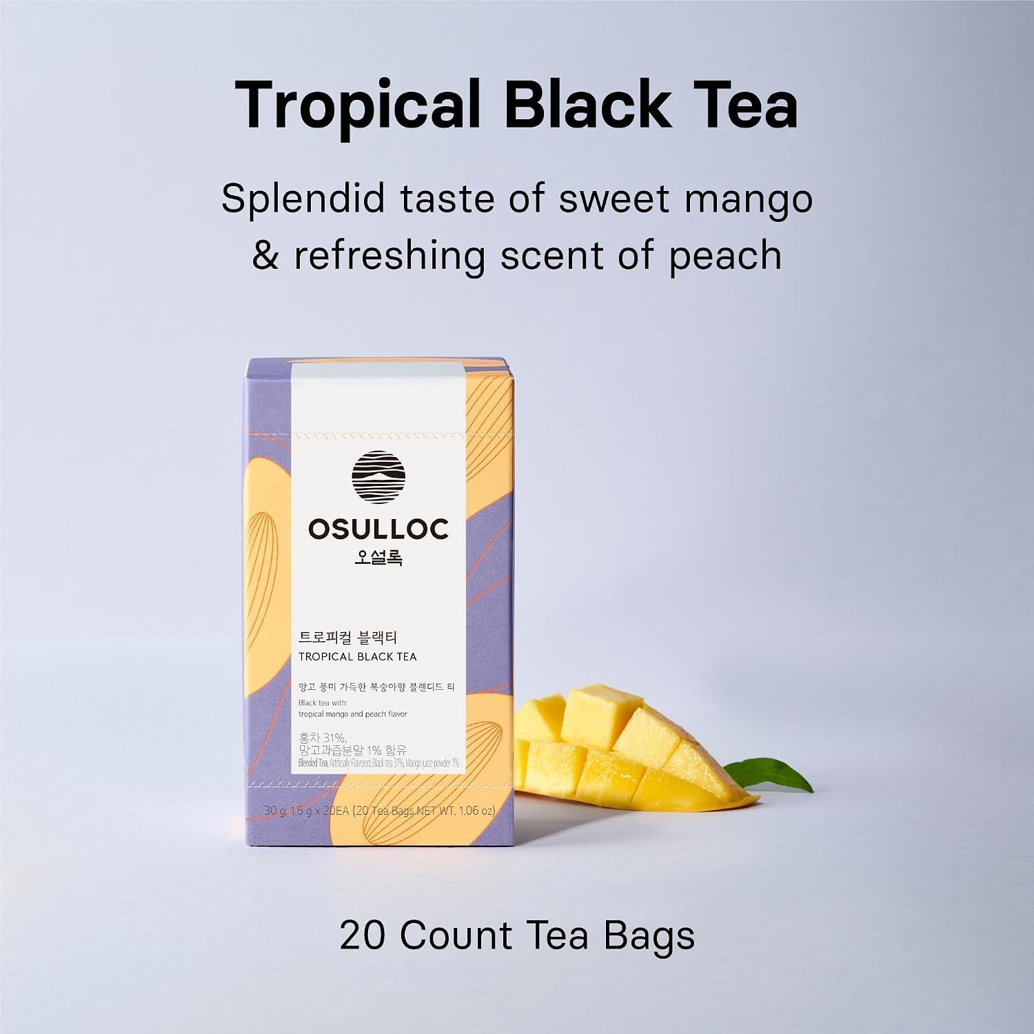 Peach Black Tea (Tropical Mango & Peach Flavor), Fruit Tea Blend, Premium Teabags from Jeju Island, 20 Count (Pack of 2)