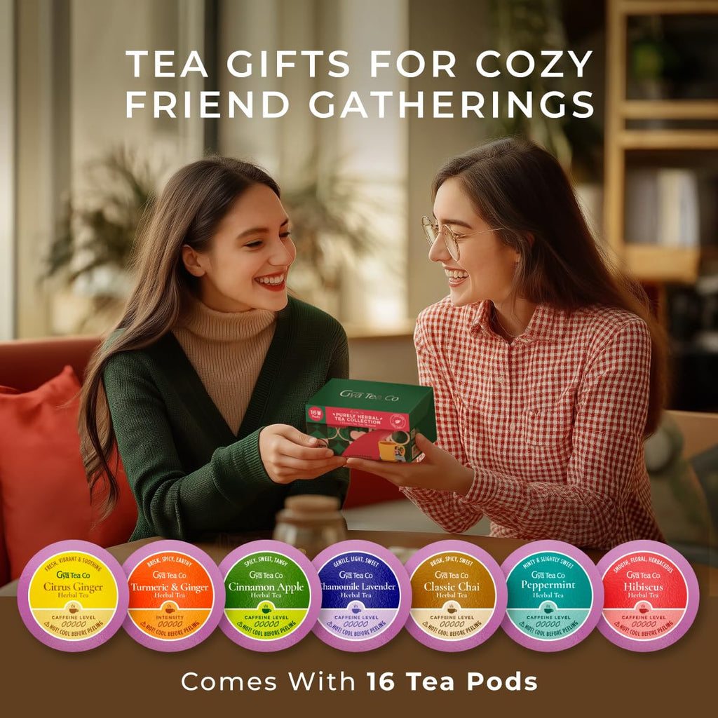 Purely Herbal Tea Pod Gift Set (16 Count) - 7 Flavors Assorted Variety Pack | Chamomile Lavender, Peppermint, Chai, Citrus Ginger, Turmeric Ginger, Cinnamon Apple, Hibiscus, Tea Sampler, Non-Gmo