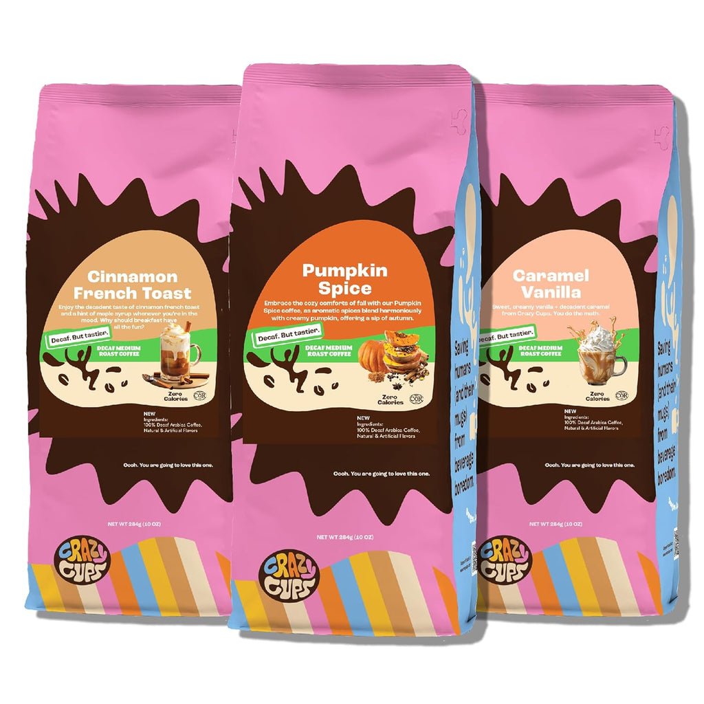 Decaf Flavored Ground Coffee Variety Pack, Includes Cinnamon French Toast, Caramel Vanilla and Pumpkin Spice, in 10 Oz Bags, for Brewing Flavored Hot or Iced Decaf Coffee, Variety 3 Pack