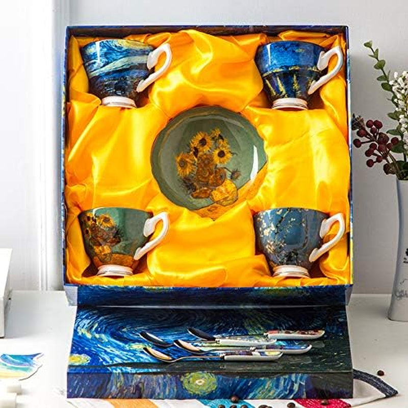Van Gogh Tea Set, 4 Bone China Mugs, 8Oz, Gold-Lined Handles, Elegant Mug Set, Perfect for Gifting, Great for Tea Lovers, Stylish Design, for Home, Office, Special Occasions, Vincet Van Gogh Gifts