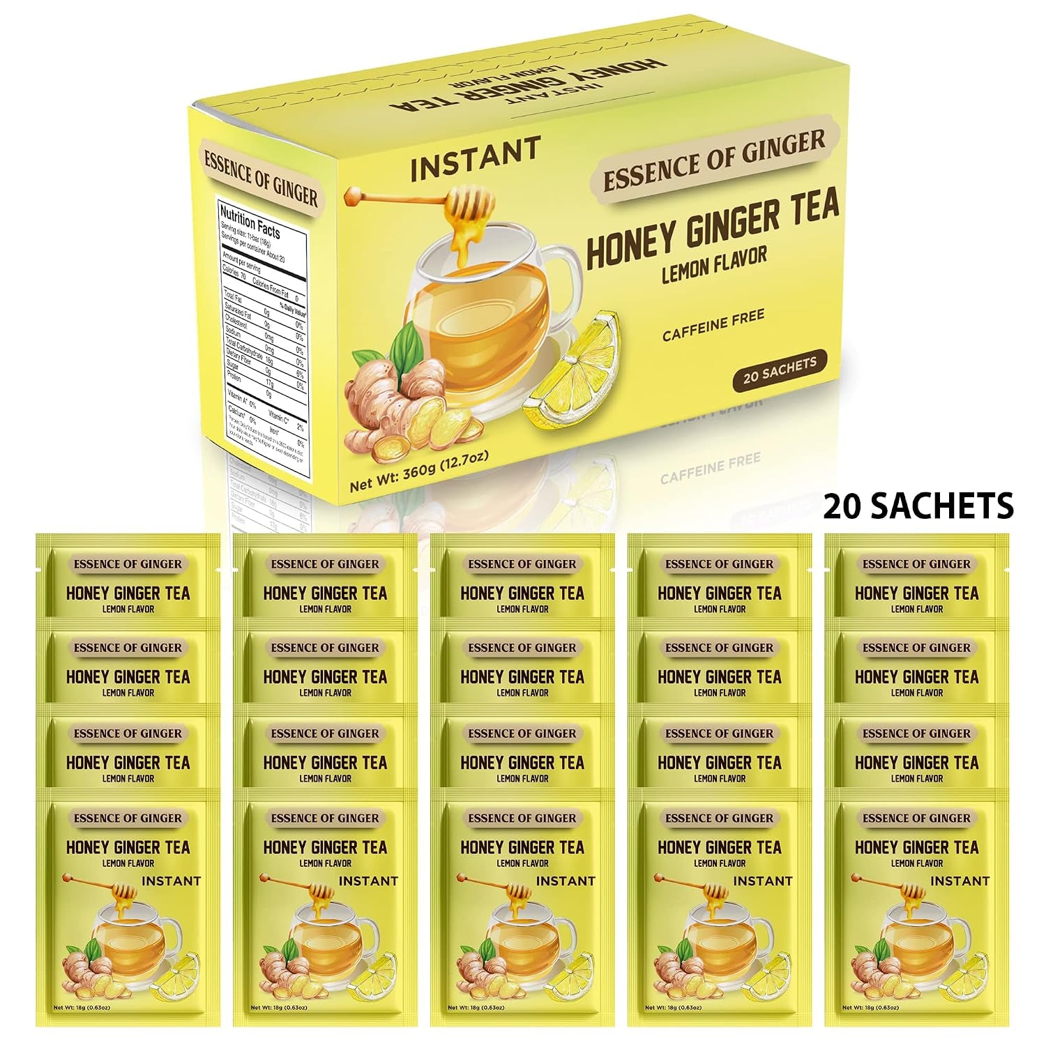 Natural Honey Lemon Ginger Herbal Tea 20 Sachet Packets Instant Beverage 18 Grams Made with Real Pure Honey, Fresh Ginger Root and Refreshing Lemon Citrus - Caffeine Free
