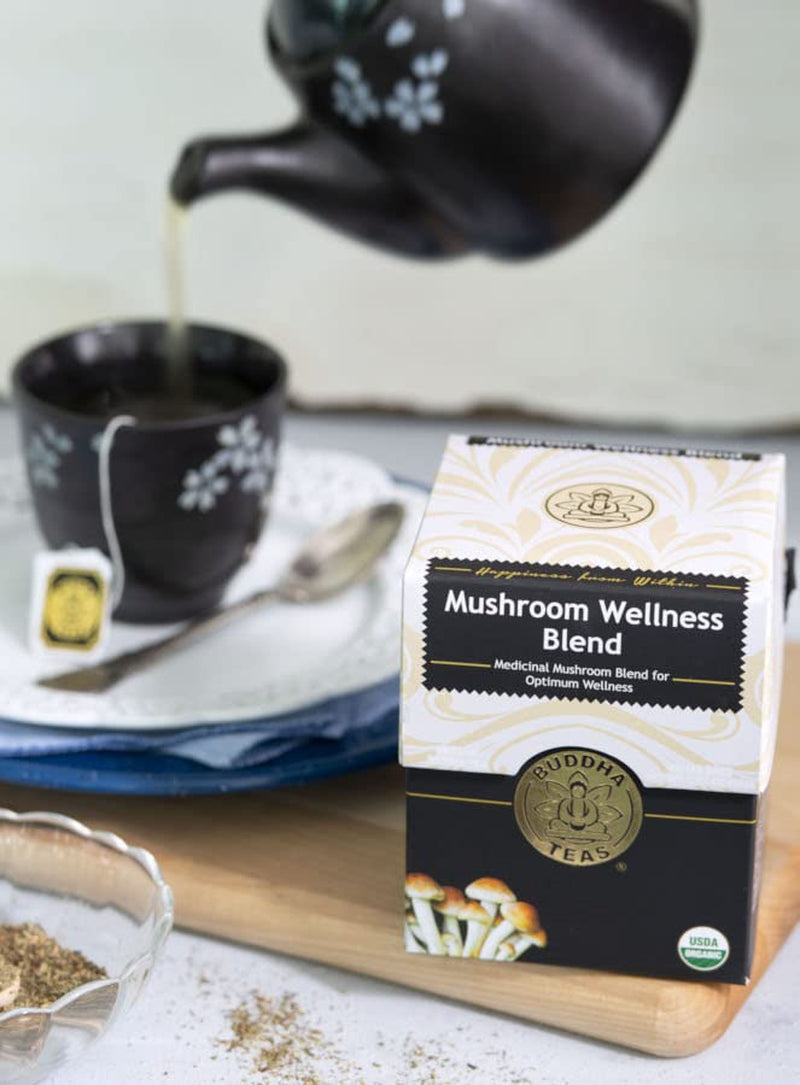 - Organic Mushroom Wellness Blend - Herbal Tea - for Health & Wellbeing - with Antioxidants & Minerals - Clean Ingredients - Caffeine Free - OU Kosher & Non-Gmo - 18 Tea Bags (Pack of 1).
