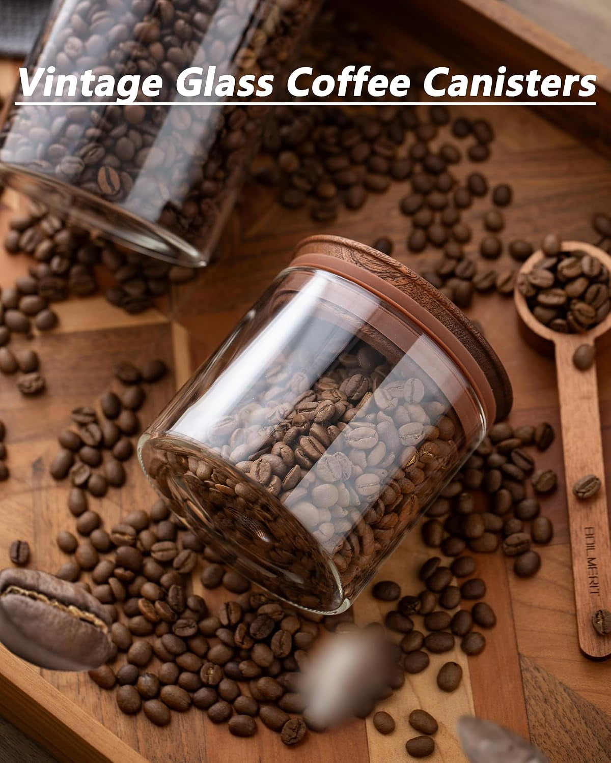 17 Oz Coffee Canister with Scoop and Wooden Lids, Airtight Glass Coffee Beans Storage Container Sets of 2 for Ground Coffee,Food Storge Jars for Ground Coffee Bar Cereal Snack