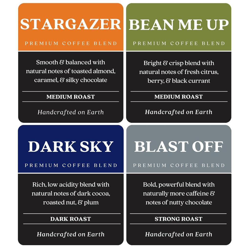 Ground Coffee, Light, Medium & Dark Roast, Out of This World Variety Pack, 12 Oz (Pack of 4) | 12 Oz Bag Each Light Roast Bean Me Up, Medium Roast Stargazer, Dark Roast Dark Sky, Strong Roast Blast Off