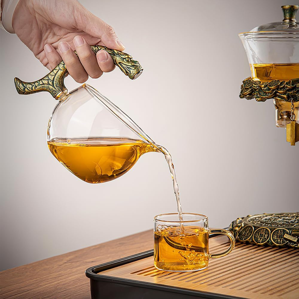 Lazy Kungfu Drip Teapot, Heat Resistant Tea Set, Semi-Automatic Glass Teapot Suit for Magnetic Water Flow Wooden Glass Teapot Set