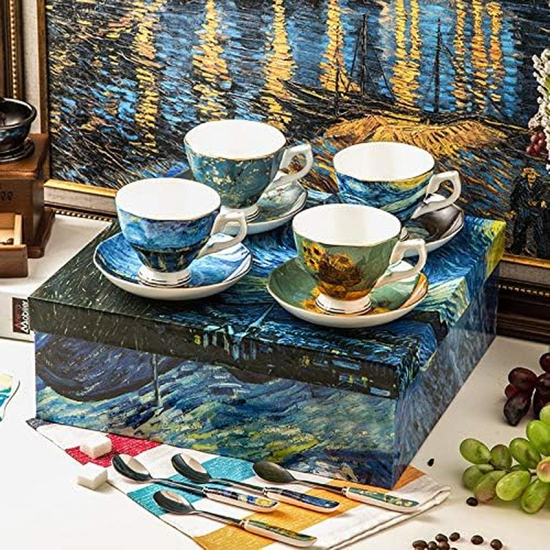 Van Gogh Tea Set, 4 Bone China Mugs, 8Oz, Gold-Lined Handles, Elegant Mug Set, Perfect for Gifting, Great for Tea Lovers, Stylish Design, for Home, Office, Special Occasions, Vincet Van Gogh Gifts
