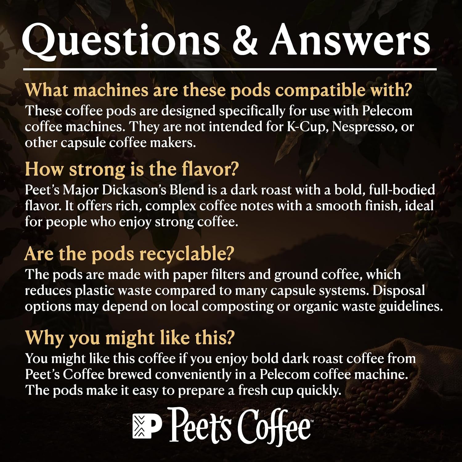 Peet’S Major Dickason’S Coffee Pods – 48 Count (3 Packs of 16) – Dark Roast with Bold, Rich Flavor and Smooth Finish – Compatible with Pelecom Coffee Machines – Peet’S Coffee Pods & Capsules
