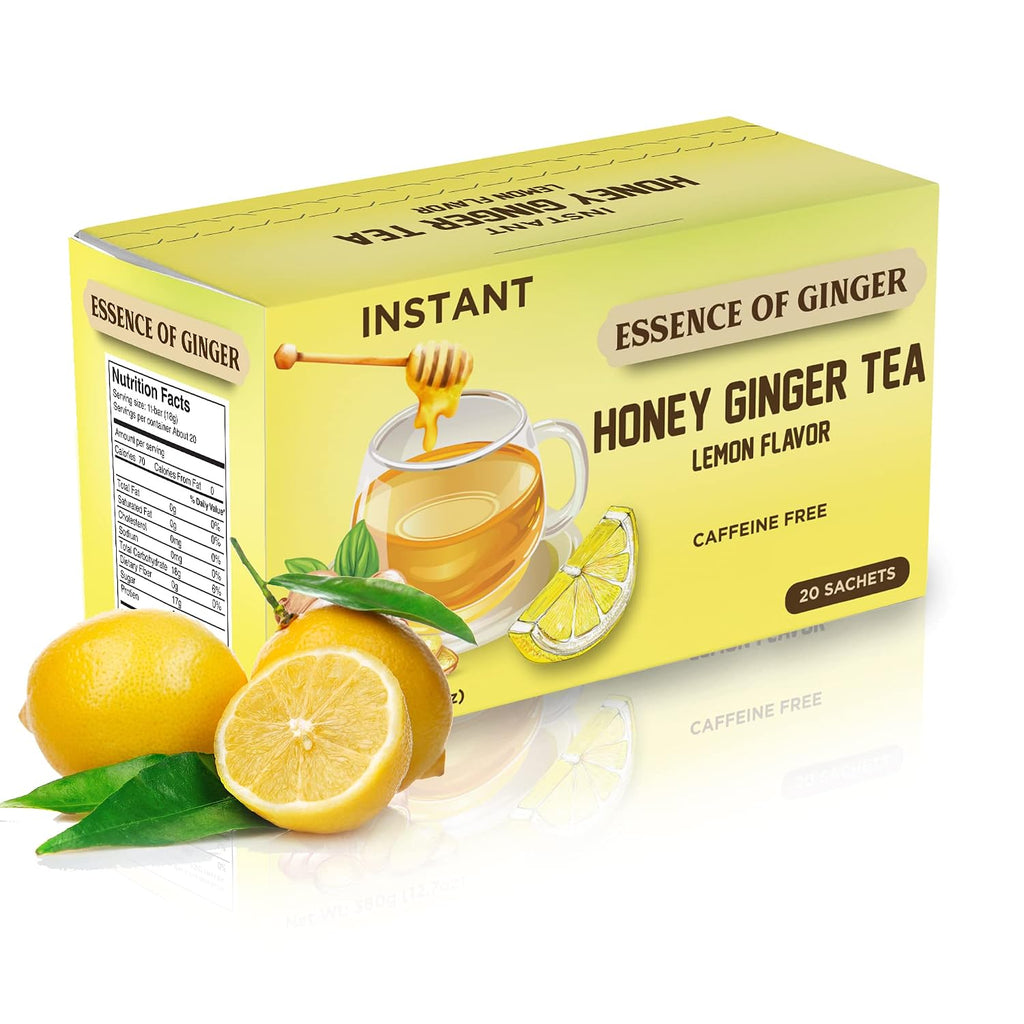 Natural Honey Lemon Ginger Herbal Tea 20 Sachet Packets Instant Beverage 18 Grams Made with Real Pure Honey, Fresh Ginger Root and Refreshing Lemon Citrus - Caffeine Free