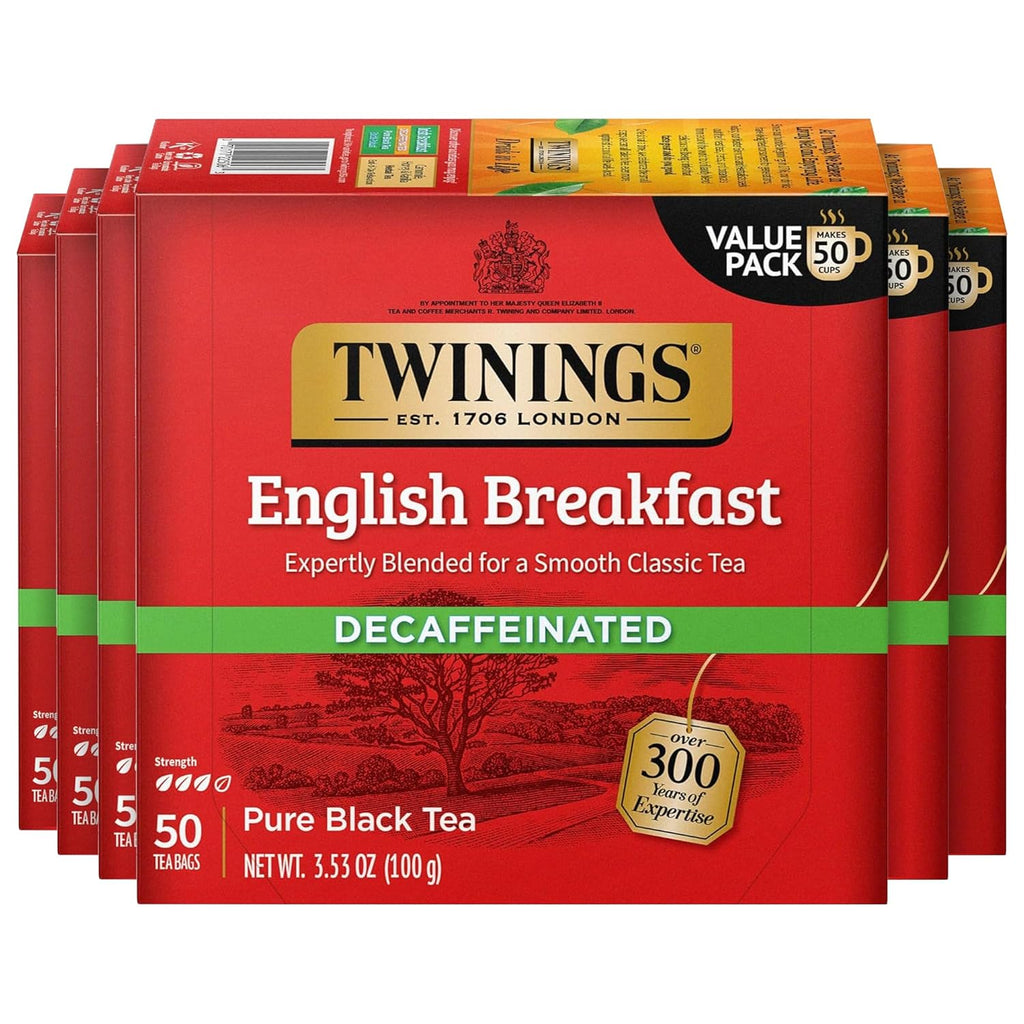 Decaffeinated English Breakfast Black Tea Bags, 50 CT Box (6 Pack) | a Classic, Robust & Smooth, Full Flavour without the Caffeine, 300 Foil Lined Individually Wrapped Bags, Enjoy Hot or Iced