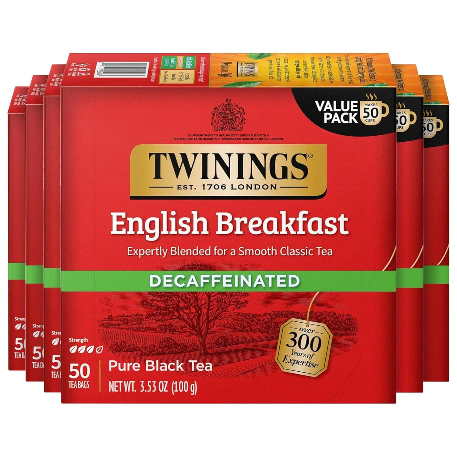 Decaffeinated English Breakfast Black Tea Bags, 50 CT Box (6 Pack) | a Classic, Robust & Smooth, Full Flavour without the Caffeine, 300 Foil Lined Individually Wrapped Bags, Enjoy Hot or Iced