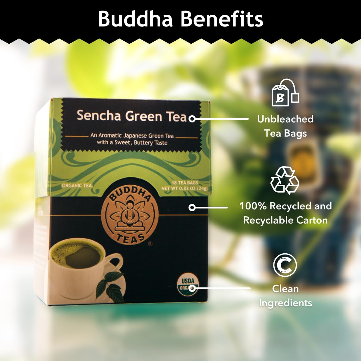 - Organic Sencha Green Tea - for Health & Wellbeing - Japanese Green Tea - with Antioxidants & Minerals - Clean Ingredients - Caffeinated - OU Kosher & Non-Gmo - 18 Tea Bags (Pack of 1)