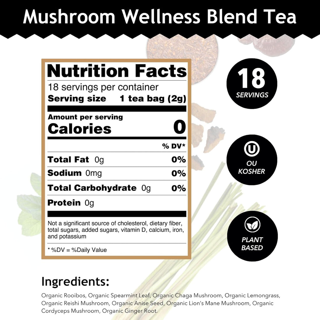 - Organic Mushroom Wellness Blend - Herbal Tea - for Health & Wellbeing - with Antioxidants & Minerals - Clean Ingredients - Caffeine Free - OU Kosher & Non-Gmo - 18 Tea Bags (Pack of 1).