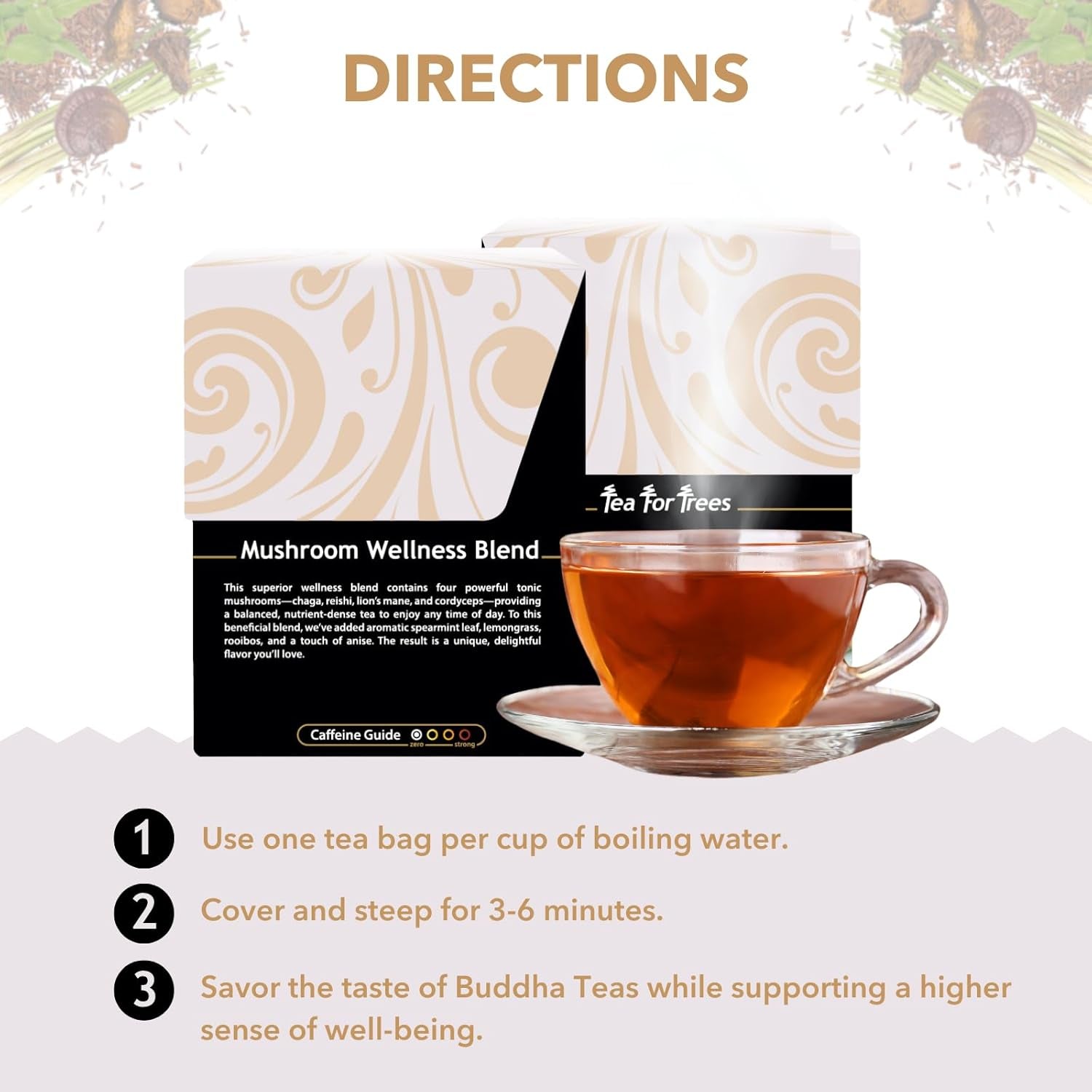- Organic Mushroom Wellness Blend - Herbal Tea - for Health & Wellbeing - with Antioxidants & Minerals - Clean Ingredients - Caffeine Free - OU Kosher & Non-Gmo - 18 Tea Bags (Pack of 1).