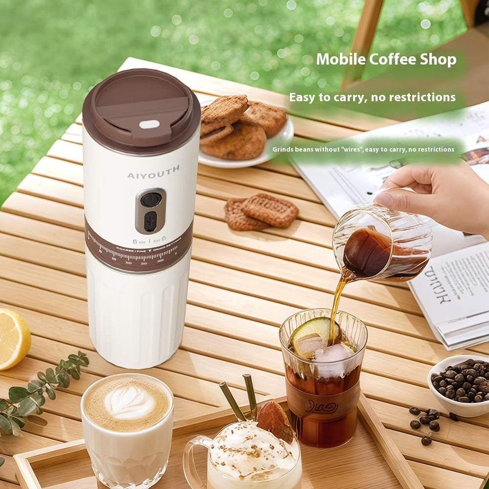 Portable Coffee Machine, 3 in 1 Cordless Electric Coffee Maker, Work with Capsule and Ground Coffee, Cold Brew and Heating Coffee Maker with 250Ml Cup-Grey