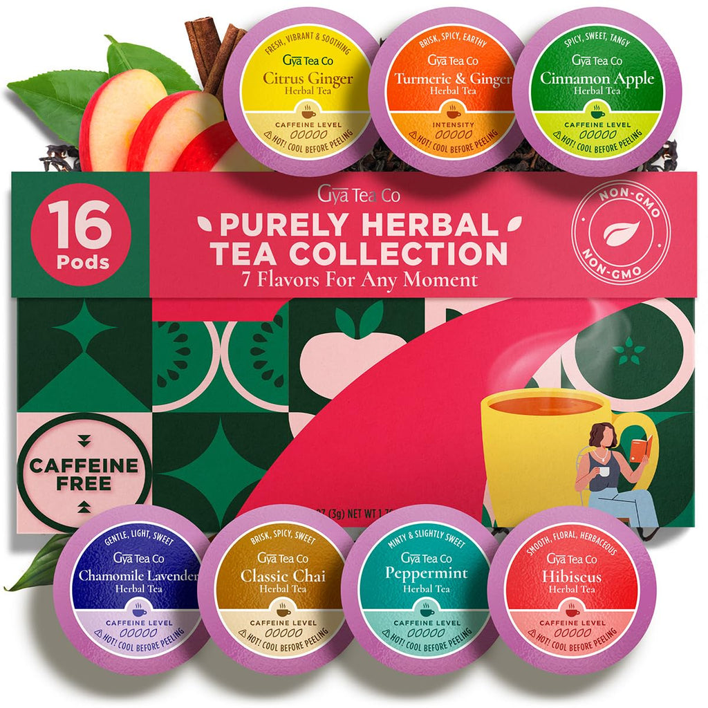 Purely Herbal Tea Pod Gift Set (16 Count) - 7 Flavors Assorted Variety Pack | Chamomile Lavender, Peppermint, Chai, Citrus Ginger, Turmeric Ginger, Cinnamon Apple, Hibiscus, Tea Sampler, Non-Gmo