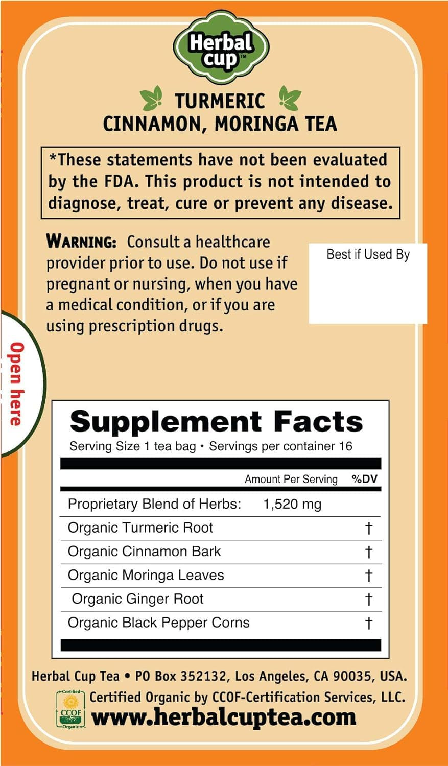 Ayurveda Turmeric Tea, Organic Cinnamon Moringa, No Caffeine Herbal Supplement (16 Count, Pack of 1)