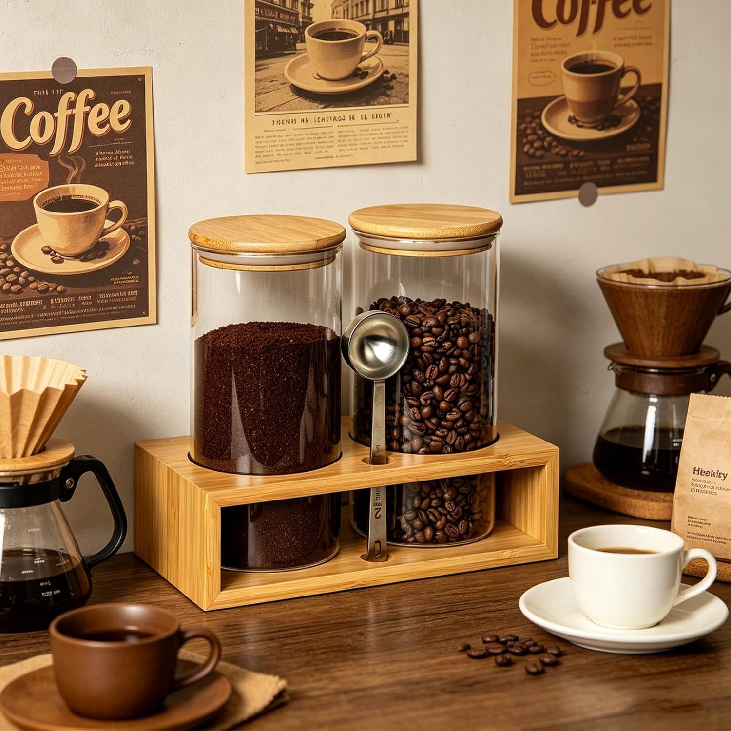 Glass Coffee Containers with Shelf - Coffee Bar Organizer and Accessories, Coffee Jars with Spoon, 2X 49Oz Airtight Sealed Coffee Canister for Coffee Bean, Ground Coffee, Nuts