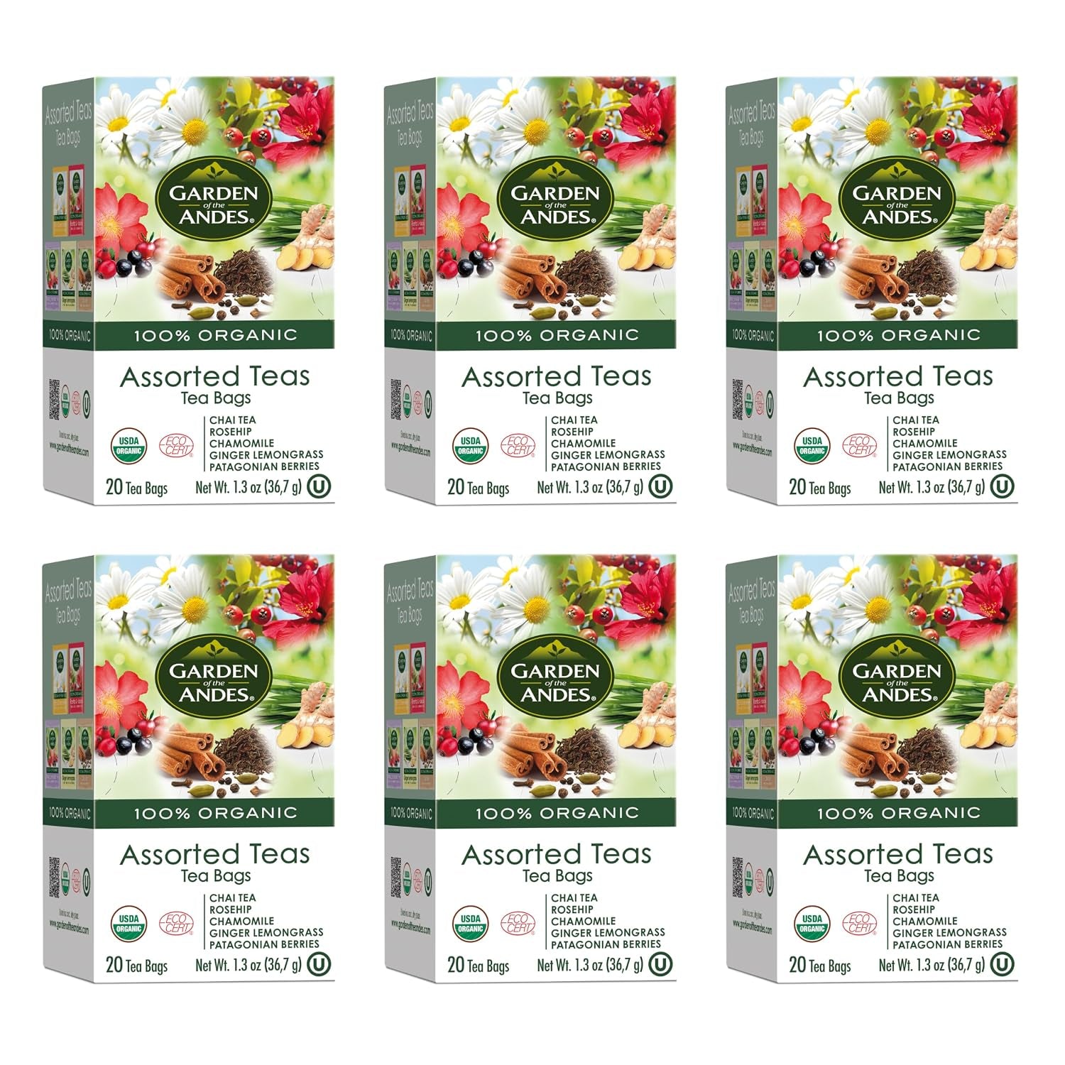 Assorted Herbal Teas – USDA Organic, Kosher – 6 Boxes X 20 Bags