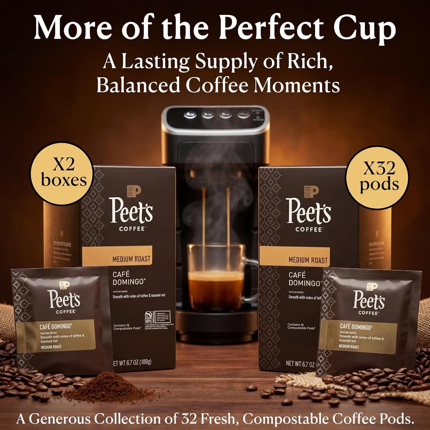 Peet’S Café Domingo Coffee Pods – 32 Count (2 Packs of 16) – Medium Roast with Smooth, Balanced Flavor and Aromatic Finish – Compatible with Pelecom Coffee Machines