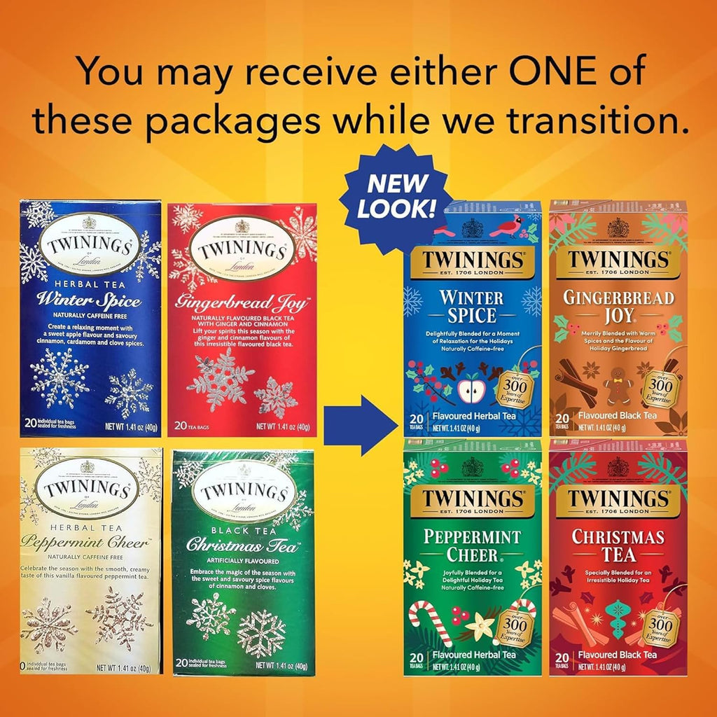 Tea Holiday Variety 4-Pack – Caffeinated Christmas Tea and Gingerbread Joy, Naturally Caffeine-Free Peppermint Cheer and Winter Spice Tea Bags, 20 Count Each