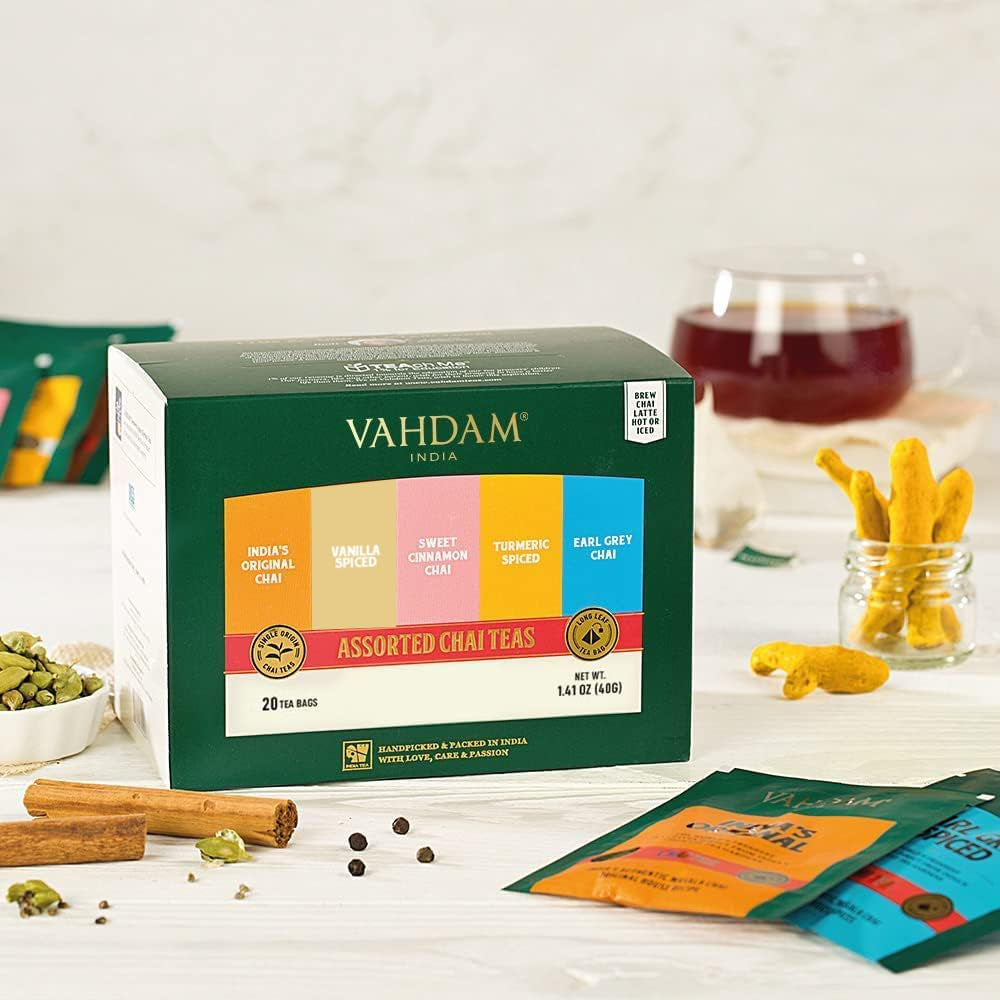 , Assorted Chai Tea Bags Sampler (5 Flavors, 20 Ecofriendly Pyramid Tea Bags) I Gift Ideas for Women & Men | Masala Chai Tea Varieties from India | Gluten Free & Non GMO | Gifts for Him/Her