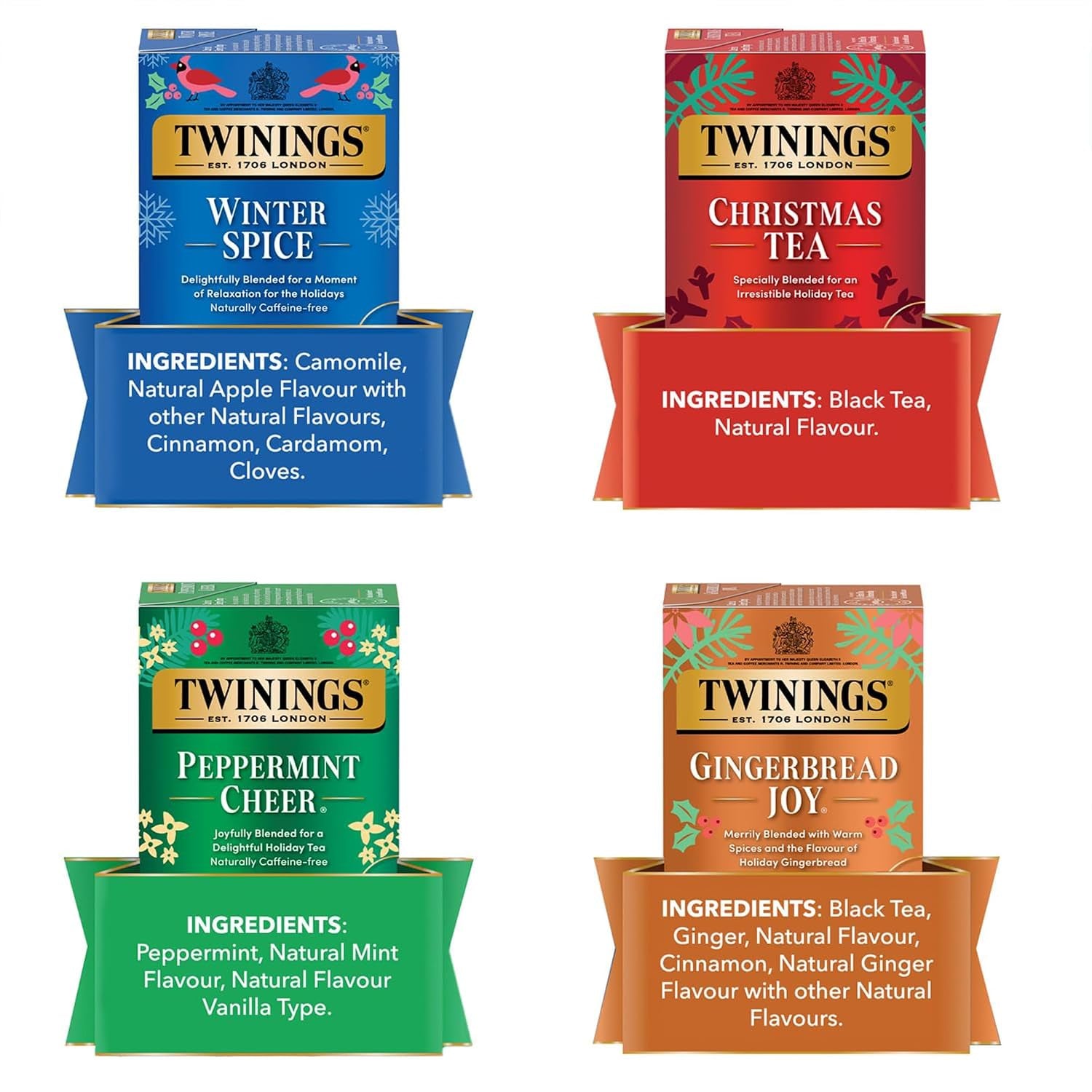 Tea Holiday Variety 4-Pack – Caffeinated Christmas Tea and Gingerbread Joy, Naturally Caffeine-Free Peppermint Cheer and Winter Spice Tea Bags, 20 Count Each