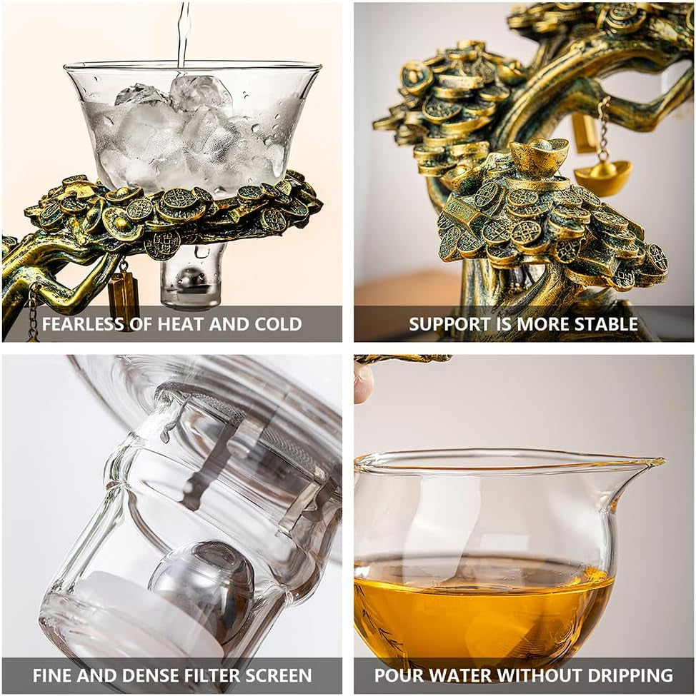 Lazy Kungfu Drip Teapot, Heat Resistant Tea Set, Semi-Automatic Glass Teapot Suit for Magnetic Water Flow Wooden Glass Teapot Set