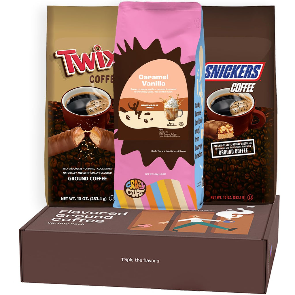 Flavored Ground Coffee Gift Box Variety Pack, Milky Way, Twix, Caramel Vanilla, Medium Roast Ground Coffee Sampler, 3 Pack