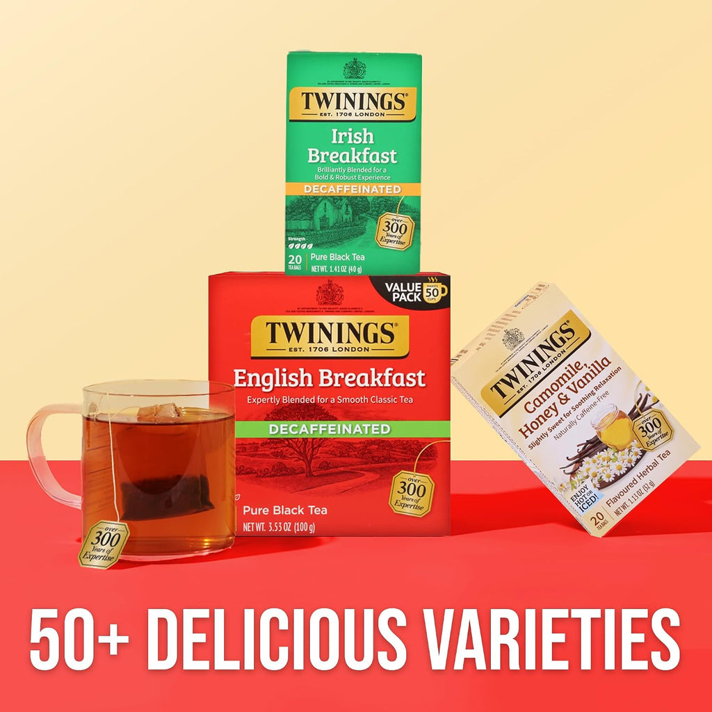 Decaffeinated English Breakfast Black Tea Bags, 50 CT Box (6 Pack) | a Classic, Robust & Smooth, Full Flavour without the Caffeine, 300 Foil Lined Individually Wrapped Bags, Enjoy Hot or Iced