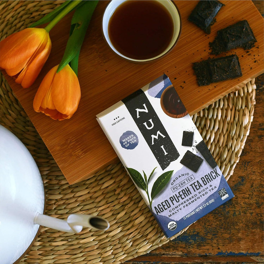 Numi Organic Aged Pu-Erh Tea Brick, Fermented Loose Yunnan Dark Black Tea | Bold, Earthy Yunnan Pu-Erh — 12 Bricks Brew up to 48 Pots