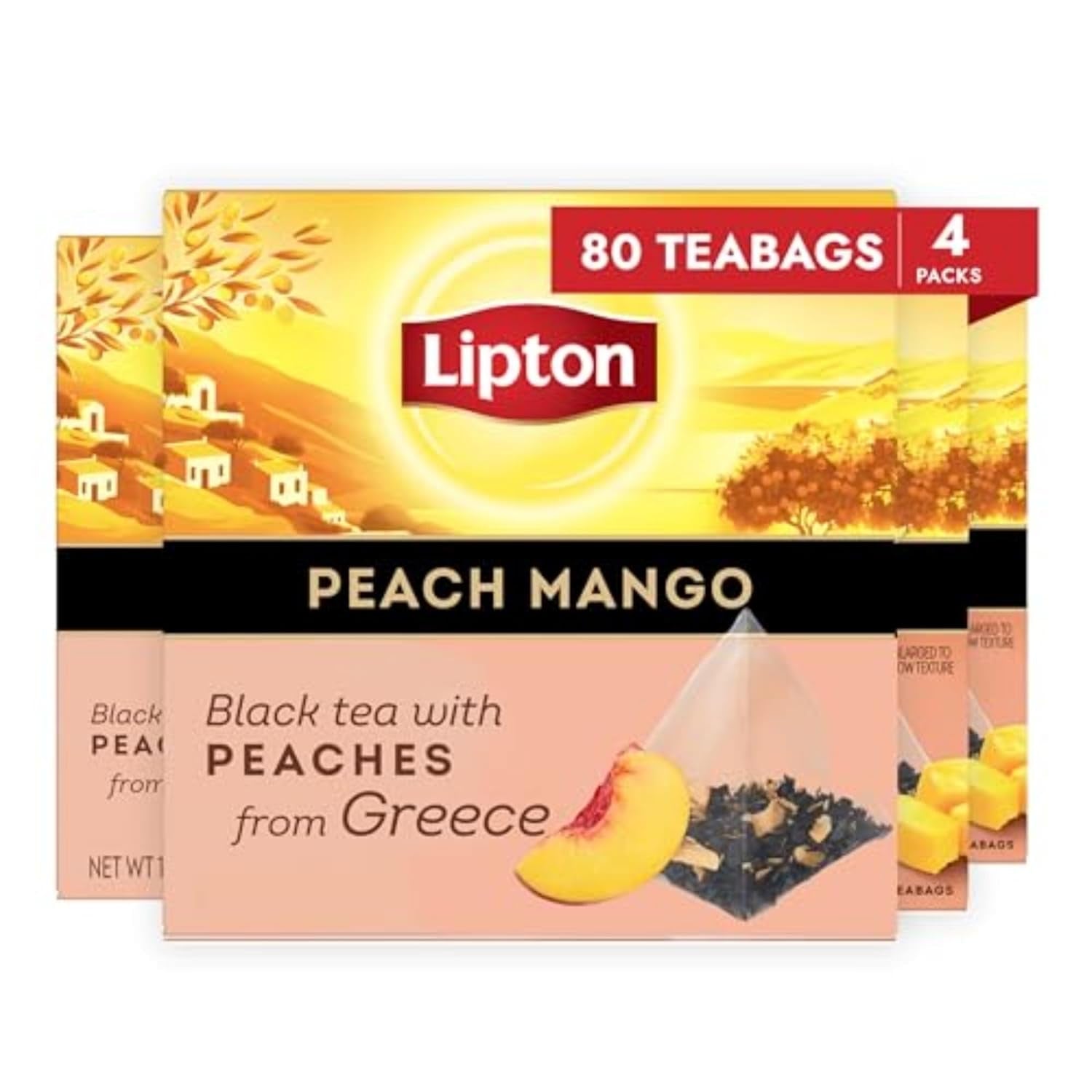 Lipton Peach Mango Black Tea Pyramid Bags, 80 Total Bags (20 Count 4-Pack) | Flavored Caffeinated Hot Tea with Real Greek Peach Pieces and Mango Flavor Rainforest Alliance Certified