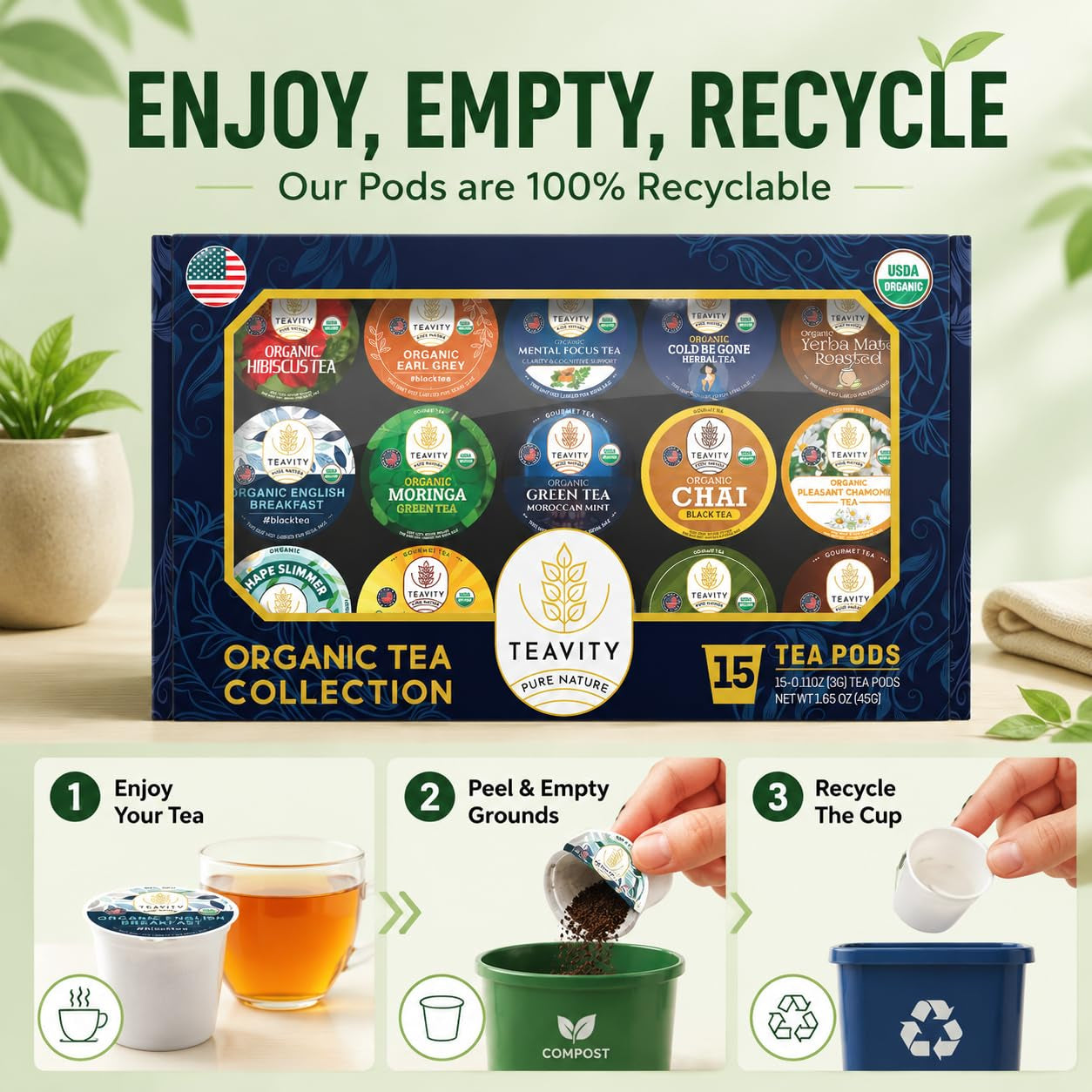 Organic Tea Pods Variety Pack - Assorted Sampler Pack Compatible for Keurig Brewer and Coffee Maker - Earl Grey, English Breakfast, Chai, Chamomile - Herbal Tea Pod for K Cup Keurig Brewing -15 Count (Pack of 1) by