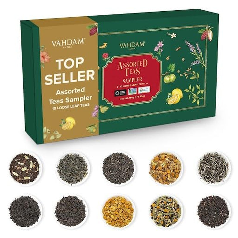 Top 10 Favourites Tea Sampler Set | Loose Leaf Tea (50+ Cups) | Tea Variety Pack with Green, Herbal, Black & Chai Brew | Vacuum Sealed for Freshness | Brew Hot & Col