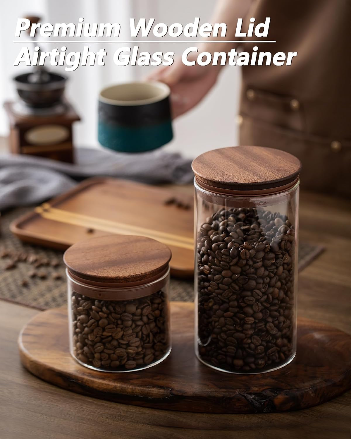 17 Oz Coffee Canister with Scoop and Wooden Lids, Airtight Glass Coffee Beans Storage Container Sets of 2 for Ground Coffee,Food Storge Jars for Ground Coffee Bar Cereal Snack